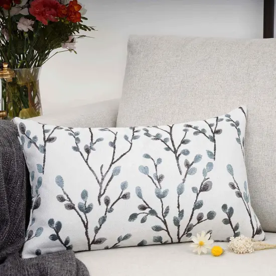 Classical Embroidery Jacquard Farmhouse Oblong Rectangle Chenille Teal Leaf Decorative Throw Pillow Case,12x20 inch {2}