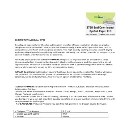 Sihl SubliColor IMPACT Dye Sub Paper 8.5&rdquo;x11&rdquo; For Ricoh/Virtuoso/Sawgrass/Epson Sheets Pack {4}