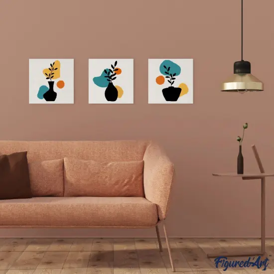 Figured'Art Mini Paint by Numbers Kit for Adults with Frame Abstract Plant Pot Set 2 of 3 Small format 8"x8" - Craft Art Painting DIY Canvas Already Stretched on a Wooden Frame {2}