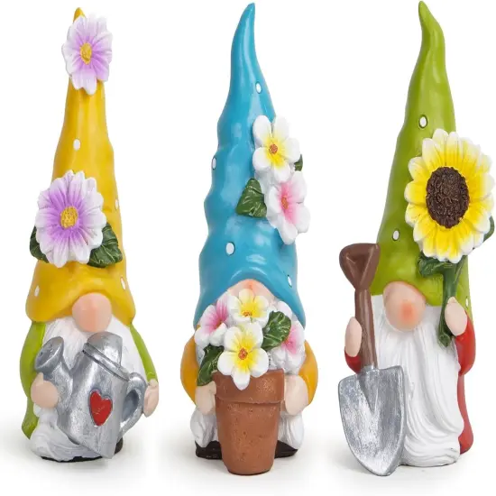 3 Pcs 3.5''H Spring Gnomes Garden Pointed Hat Flowers Gnome Decorations Handmade Tomte Elf Summer Resin Gnomes Figurines Spring Decorations for Home Table Decor Gifts {1}