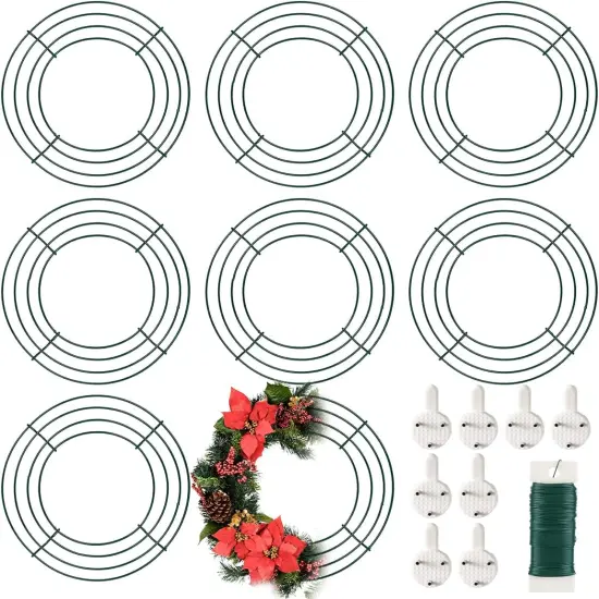 8 Pack Wire Wreath Frame 10 Inch Metal Wreath Form Wreath Ring for Crafts DIY Front Door Wreaths Christmas New Year Wreaths Valentines Wedding Garden Home Party Decoration with 38 Yard Paddle Wire {1}