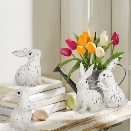 Easter Bunny Decorations Spring Indoor Home Decor Electroplated European Mini Bunny Figurines (4pcs White Rabbit Decor) {5}