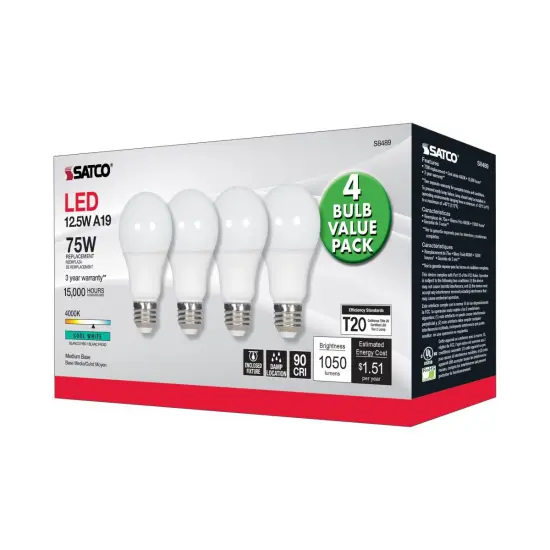 Satco 4Pk. 12.5w A19 LED 4000K Medium base 120 volts {3}