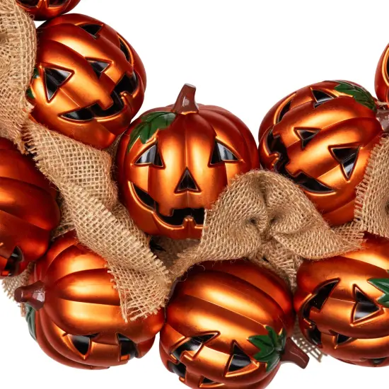 Northlight Jack-O-Lanterns with Burlap Ribbon Artificial Halloween Wreath - 20" - Unlit Orange {6}