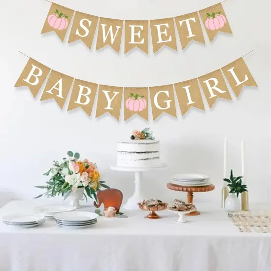 Sweet Pumpkin Baby Shower Banner Fall Theme Welcome Girl Burlap {3}