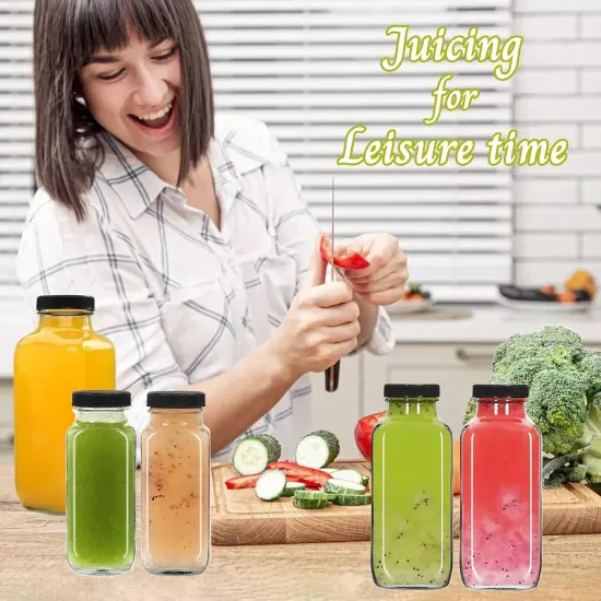 6 Pack 12oz Glass Water Bottles with Black Lids, Brush & Labels {4}