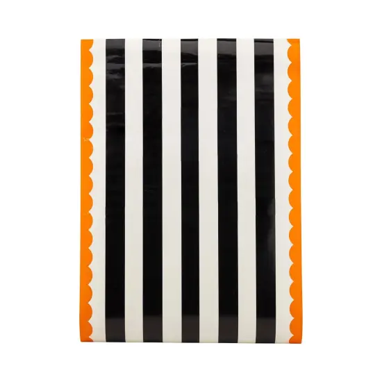 Stylish Halloween Table Runner – Black & White Stripes with Orange Scallop Trim, 16"x10ft for Spooky Parties {1}