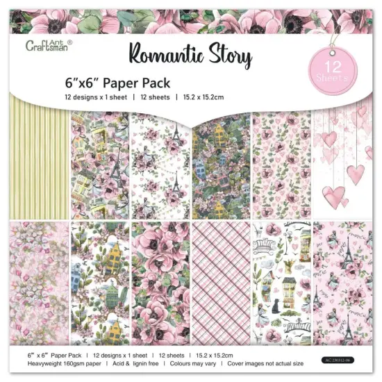 Romantic Story Scrapbook Paper Pack. 12 Sheets of 15.2x15.2cm Heavyweight Paper Pad F07M2-3 AC230312-06 {1}