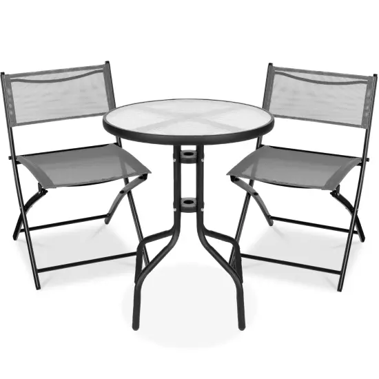 Best Choice Products 3-Piece Patio Bistro Dining Furniture Set w/ Round Textured Glass Tabletop, Folding Chairs White {7}