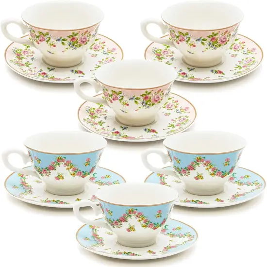 Set of 6 Vintage Floral Tea Cups and Saucers for Tea Party Supplies, Perfect for Bridal Showers, Garden Parties, Brunch Gatherings, Afternoon Teas & Receptions (Blue, Pink, 8oz) {1}