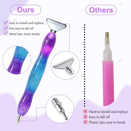 Diamond Art Pen, Diamond Painting Pen with 6 Metal Tips, 6 Painting Glue Clay, Roller, 5D Diamond Art Accessories and Tools for DIY Craft, Purple Blue {3}