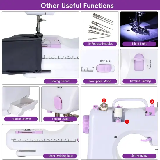 Sewing Machine for Beginners, Mini Sewing Machine Built-in 12 Stitches, 13 Replaceable Presser Feet, Extension Table, Light, Reverse Sewing, 2 Speed Foot Pedal, Portable Sewing Kit {4}