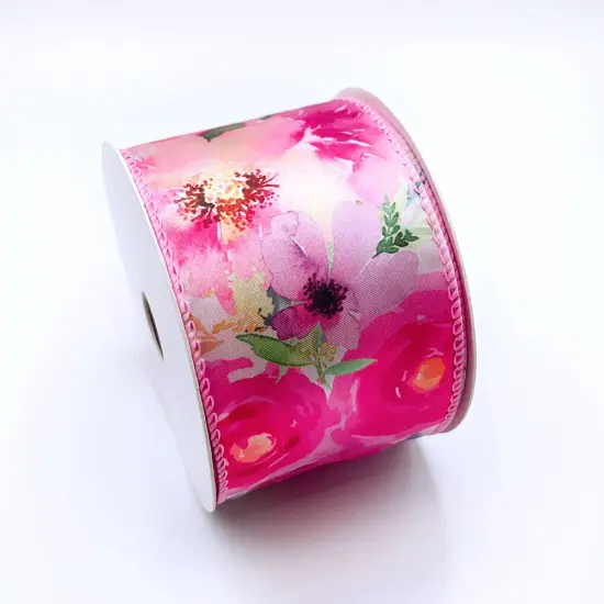 Designer's Shop WR 63-5199 Spring Summer Pink-Red Wild Rose floral and green leaf on white satin wired edge ribbons, 2.5" x 10 yards {3}