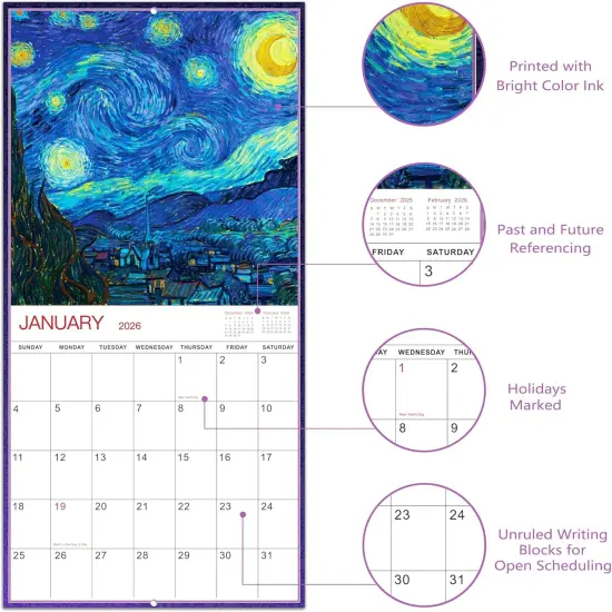 Wall Calendar 2025-2026 - Calendar 2025-2026, 18-Month Monthly Wall Calendar 2025-2026 from Jul. 2025 - Dec. 2026, 12" x 24" (Open), Unruled Blocks - Art Paintings {4}
