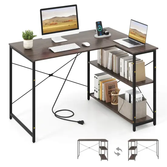 Costway 48'' Reversible L Shaped Computer Desk Home Office Table Adjustable Shelf Brown\Gray\Natural {1}