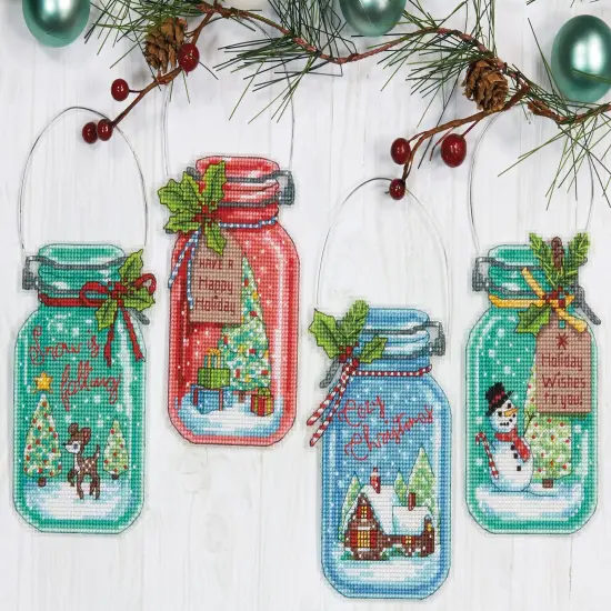 Dimensions Counted Cross Stitch Ornament Kit Set of 4-Christmas Jar Ornaments {2}