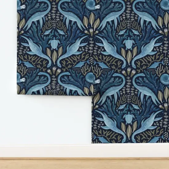 Pre-Pasted Wallpaper 2FT Wide Watercolor Dinosaur Blue Ocean Under The Sea Ammonites Turtle Kids Play Room Kelp Seaweed Plesiosaurs Prehistoric Animals Large Scale Custom Pre-pasted Wallpaper by Spoonflower {2}