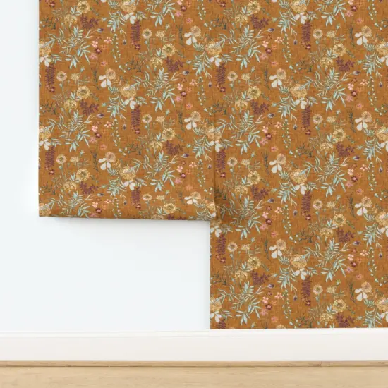 Peel & Stick Wallpaper 2FT Wide Flower Yellow Gold Fall Autumn Floral Leaves Boho Mustard White Green Romantic Custom Removable Wallpaper by Spoonflower {2}