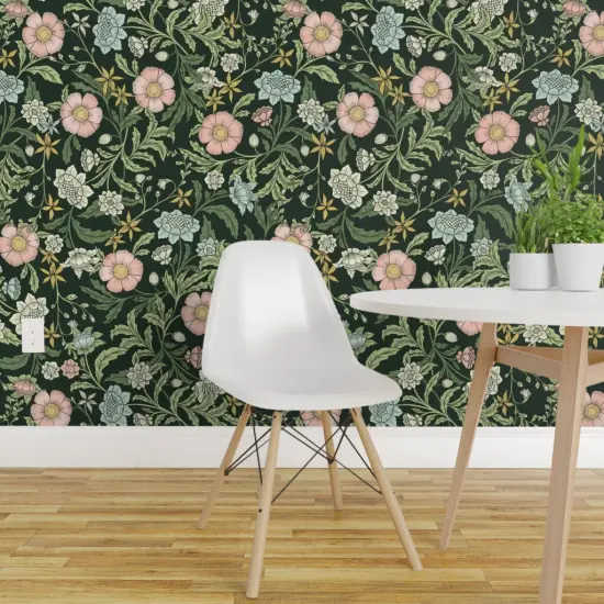 Pre-Pasted Wallpaper 2FT Wide Dark Green Botanical Vines Pink Blue Flowers Moody Hand Drawn Traditional Custom Pre-pasted Wallpaper by Spoonflower {1}