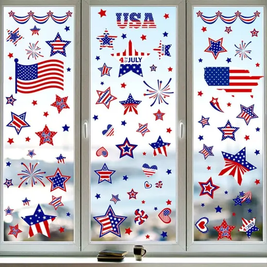 9 Sheets 4th of July Patriotic Stars Window Stickers Double-Sided Red White Blue {1}