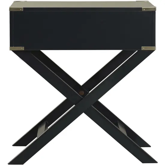 Rectangle Solid Wood End Table with Bronze Hardware Dovetailed Drawer and Cross Leg Base Black {3}