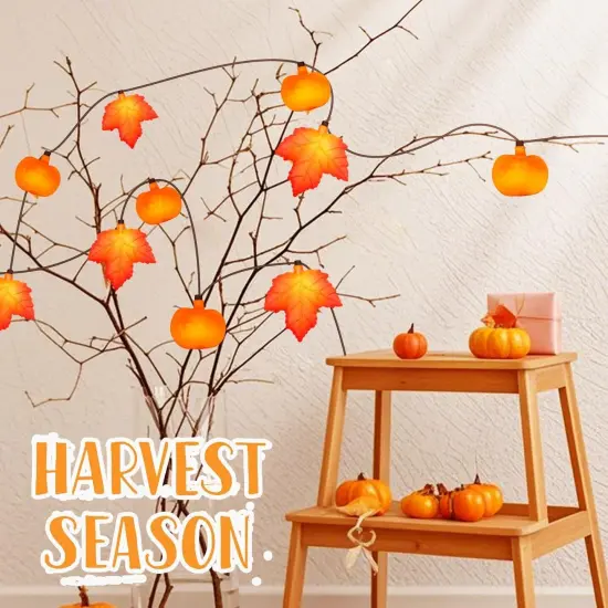 8.5Ft LED Fall Maple Leaf Pumpkin String Lights - Orange {3}