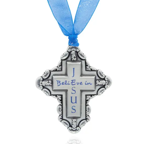 Gloria Duchin Believe in Jesus Cross Pewter Christmas Ornament {2}
