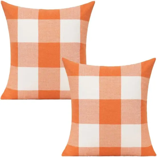 Set of 2 Fall Throw Pillow Covers - Orange & White Plaids (18"x18") {1}