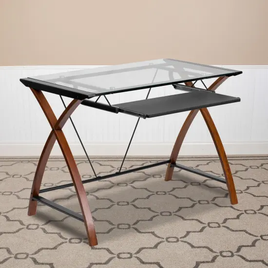 Emma and Oliver Glass Computer Desk-Pull-Out Keyboard Tray & Crisscross Frame ClearTop/CherryFrame {1}