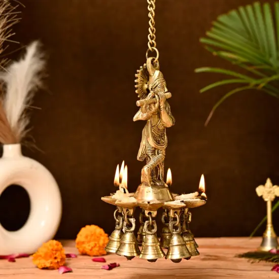Brass Krishna Wall Hanging Diya with Bells & Chain Krishna Hanging Idol Oil Lamp Home Temple Mandir Office Diwali Decor Kathu Vilakku Puja Diyas - Deepawali Housewarming Return Gifts {5}