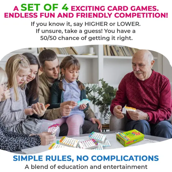 QUOKKA Trivia Board Games for Kids and Adults - Family Night Board Game Cards 4xSet Higher or Lower | Guess Fun Questions | Easy to Learn | 2 + Players - Challenge History, Science, Geography & More {4}