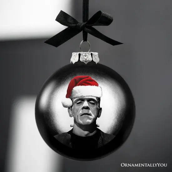 Frankenstein Christmas Spooky Portrait Glass Ornament, Black Horror Halloween Tree Decoration {4}