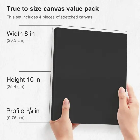 Black Stretched Canvas, 8x10 Inch/4 Pack - 3/4 Inch Profile, 8 Oz Quadruple Gesso Primed 100% Cotton Blank Black Canvases for Acrylic, Oil, Tempera, Metallic, Neon Painting & Crafts {6}