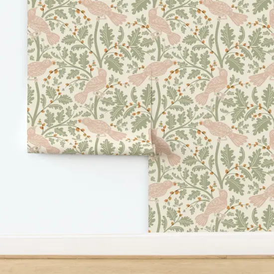 Peel & Stick Wallpaper 2FT Wide Cottagecore Sage Green Blush Pink Bird Woodland Rustic Leaves Custom Removable Wallpaper by Spoonflower {2}