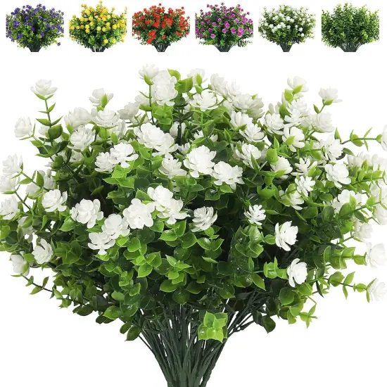 Artificial Flowers, Fake Outdoor UV Resistant Plants Artificial Lotus Flowers Eucalyptus Greenery Shrubs Bridal Wedding Bouquet for Home Garden Party Wedding Decoration 8 Bundles (White) {1}
