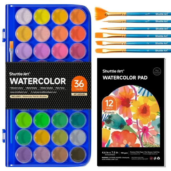 Shuttle Art 43 Pack Watercolor Paint Set, 36 Colors Watercolor Paint Pan Set with 6 Brushes and 1 Watercolor Pad for Beginners, Artists, Kids & Adults Watercolor Painting, Bullet Journal, Calligraphy {1}