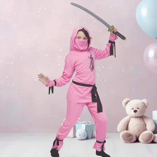 Pink Ninja Child Costume with Dragon Print Hood and Matching Accessories {1}