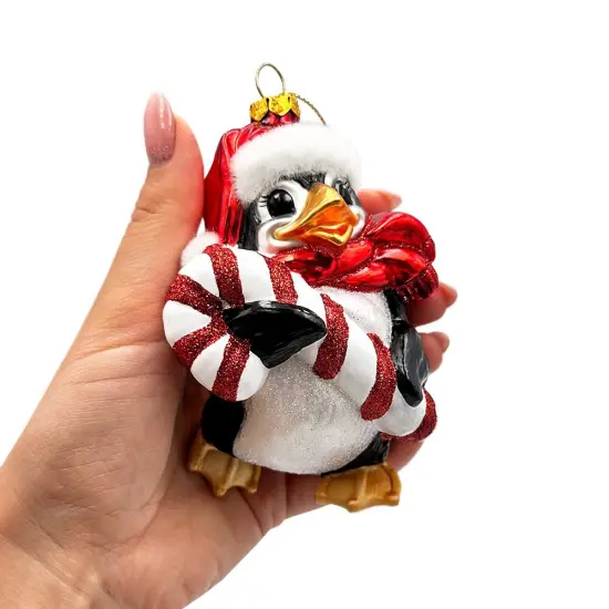 Penguin with Candy Glass Christmas Ornament, Arctic Bird Classic Tree Decoration {4}