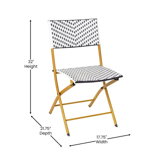 Emma and Oliver Ciel Set of Two Folding Bistro Chairs in PE Rattan with Metal Frames for Indoor and Outdoor Use Navy & White {5}