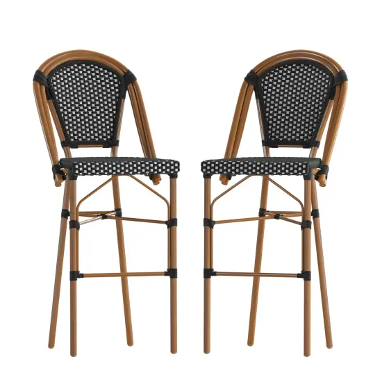 Merrick Lane Sacha Set of Two Stacking Bistro Bar Stools with PE Seats and Backs and Metal Frames for Indoor/Outdoor Use Black&White/Natural {2}