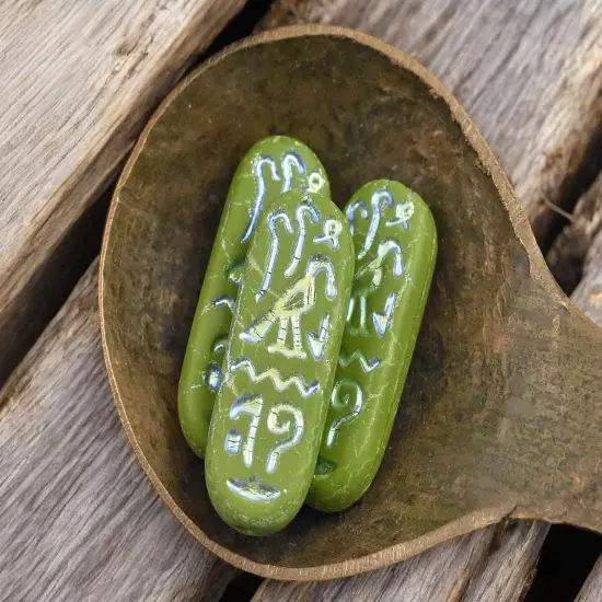 *6* 25x10mm Matte Opaque Olive Green Rainbow Metallic Egyptian Cartouche Oval Beads {3}