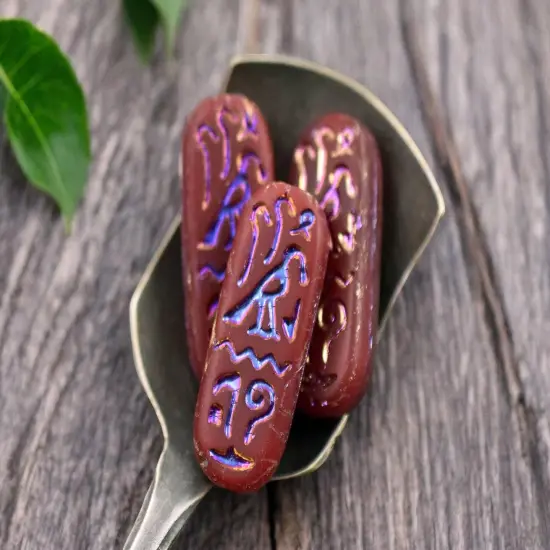 *6* 25x10mm Matte Red Opaline Rainbow Metallic Egyptian Cartouche Oval Beads {4}