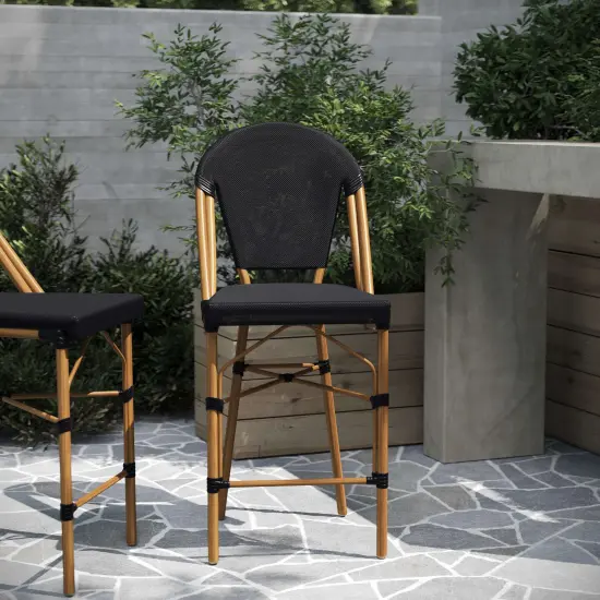Merrick Lane Mael Set of Two Stacking Bistro Style Counter Stools with Textilene Backs and Seats and Metal Frames for Indoor/Outdoor Use Black/Natural Frame {6}