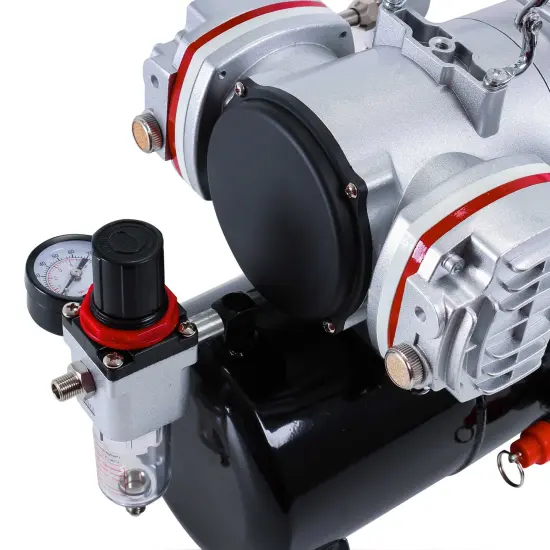Professional High Performance Twin Cylinder Piston Airbrush Air Compressor with Air Storage Tank, Regulator, Gauge & Water Trap Filter {6}