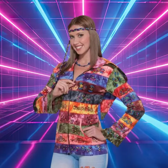 60's 70's Hippie Hooded Rainbow Costume Jacket Adult Standard {4}