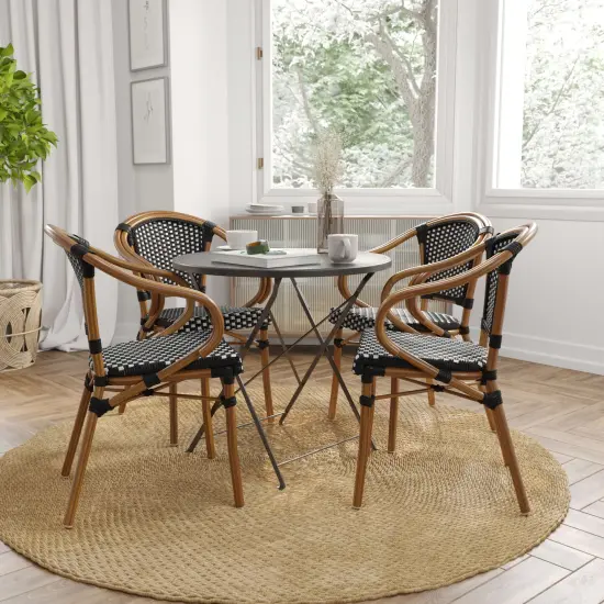 Merrick Lane Sacha Set of Four Stacking Thonet Bistro Style Chair with Arms, PE Rattan Seat, and Bamboo Metal Frame for Indoor/Outdoor Use Black&White/Natural {1}