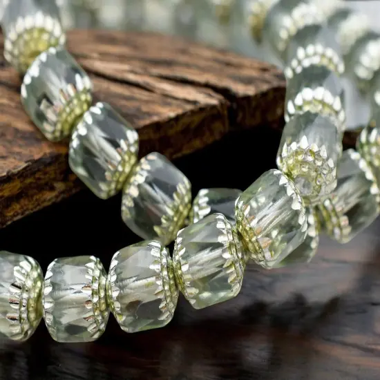 *12* 10mm Silver Washed Celadon Green Fire Polished Cathedral Beads {1}