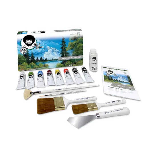 Bob Ross Master Artist Oil Paint 15 Piece Bundle Plus Wood Tabletop Travel Art Easel and Canvas Panels (3pk) - 12x16 (3 Items) Assorted {3}