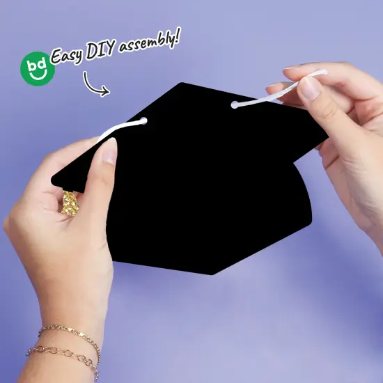 Big Dot of Happiness Graduation Cap Garland Banner, High School or Elementary Grad Photo Backdrop, 10 Feet of Cord, 15 Black Hats with Gold Tassels {4}