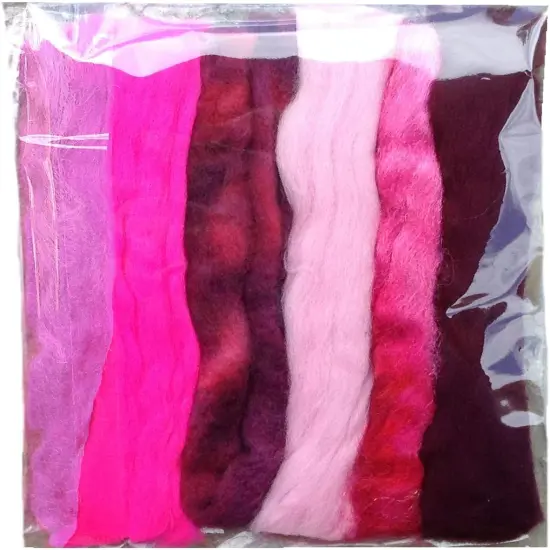 Multi Fiber Sampler - Super soft merino roving, hand dyed BFL wool & sparkling Firestar for felting, spinning, doll making Pink {2}